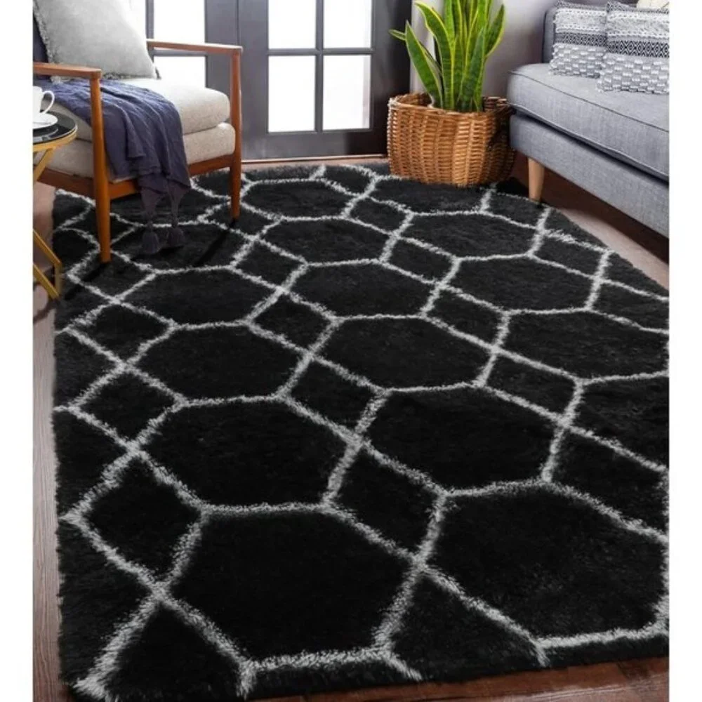 New Geometric 4x6 Area Rug, Black & White Washable Fluffy Shaggy Carpet for Room